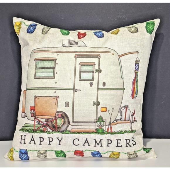Happy Campers 17" Square Throw Pillow RV & Owl Design For Sofa Or Travel - Picture 1 of 5